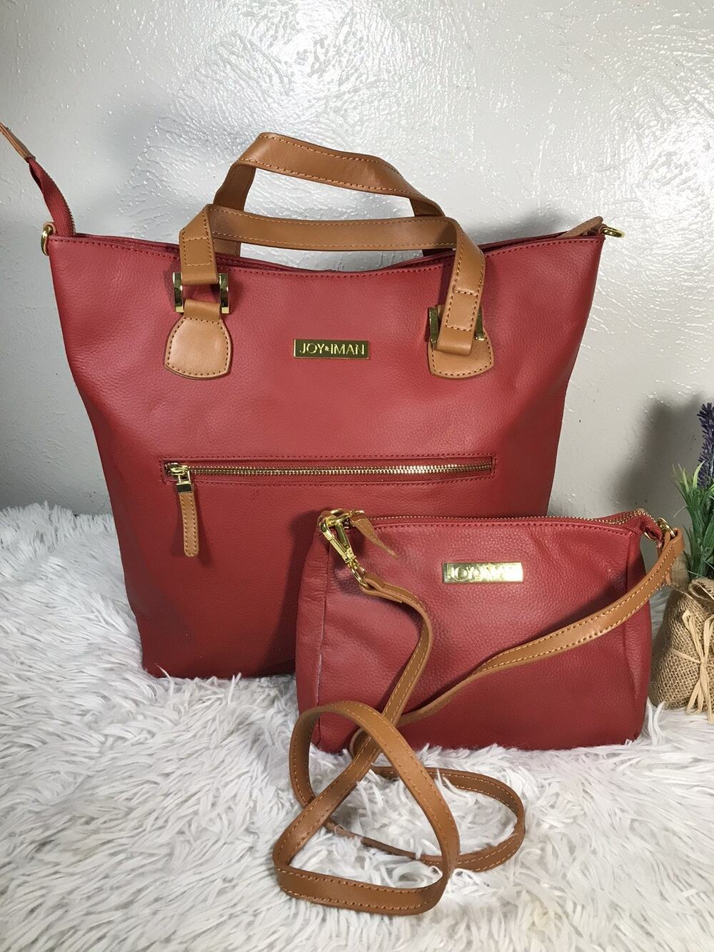JOY & IMAN RED Pebbled Tote Bag with Crossbody bag & Gold Hardware Large Handbag